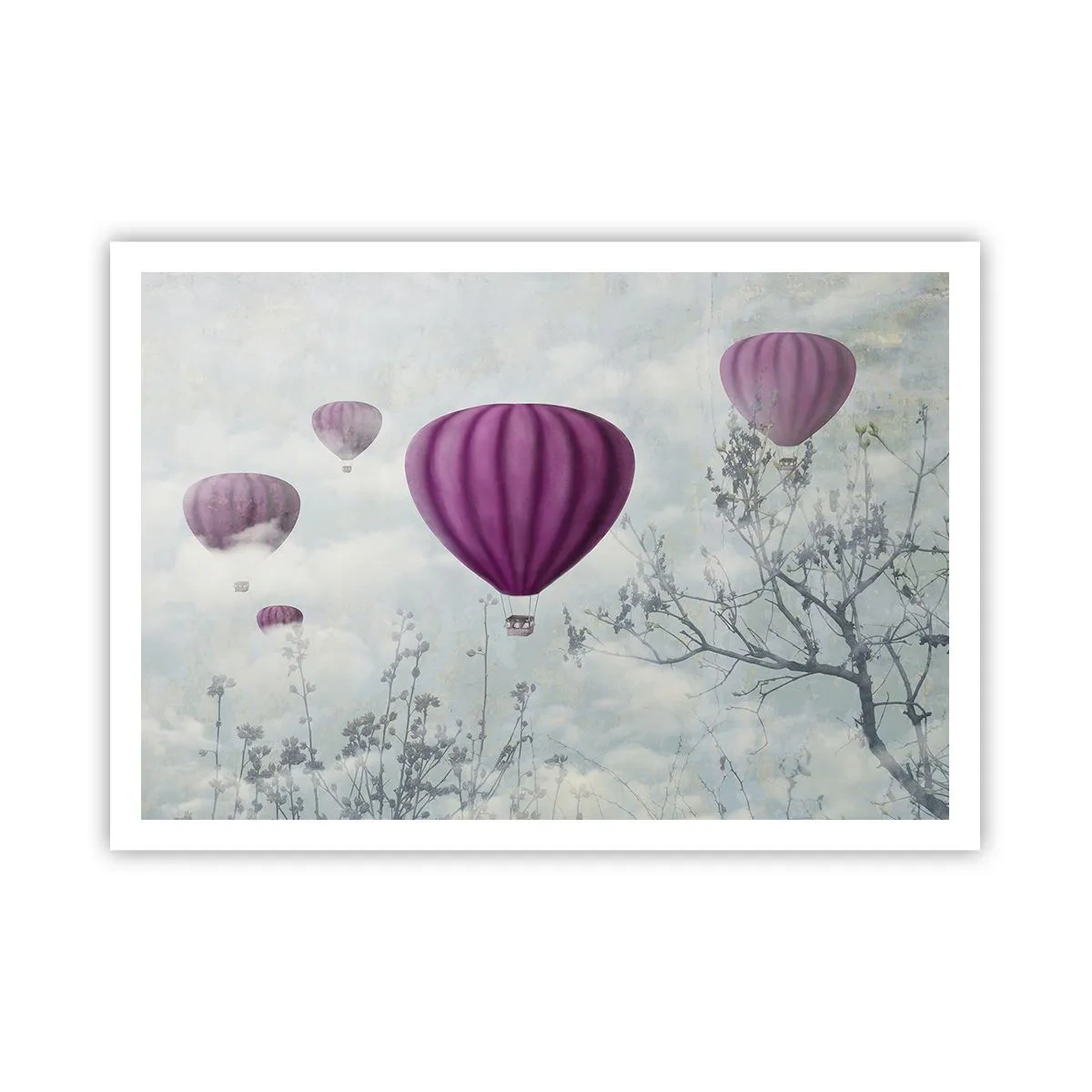 Affiche - Poster - Des ballons violets flottant au-dessus des arbres dans les nuages - 100x70cm - Comme des navires dans le ciel - Décoration murale moderne pour le salon et la chambre ARTTOR