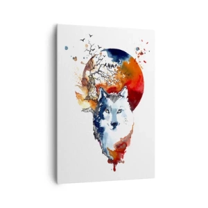 Impression sur toile - Image sur toile - Aquarelle abstraite d'un loup sur fond de lune rouge - 70x100cm - Nez à nez avec la nuit - Décoration murale moderne pour le salon et la chambre ARTTOR
