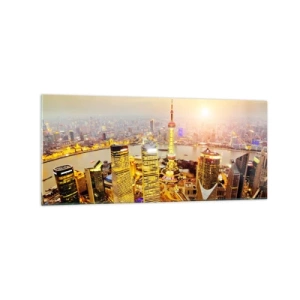 Impression sur verre - Image sur verre - Panorama de la ville avec des gratte-ciels au coucher du soleil - 120x50cm - Rêve asiatique - Décoration murale moderne pour le salon et la chambre ARTTOR