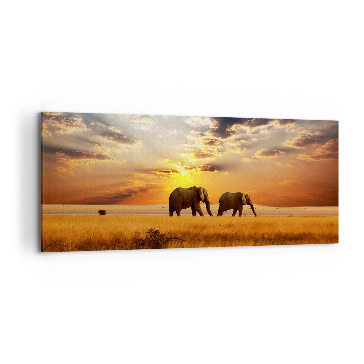 Impression sur toile - Image sur toile - Éléphants dans la savane au coucher du soleil - 120x50cm - Déambulation familliale - Décoration murale moderne pour le salon et la chambre ARTTOR