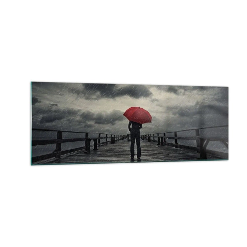 Impression sur verre - Image sur verre - Une personne avec un parapluie rouge sur une jetée pluvieuse - 140x50cm - Peu importe qu'il pleuve - Décoration murale moderne pour le salon et la chambre ARTTOR