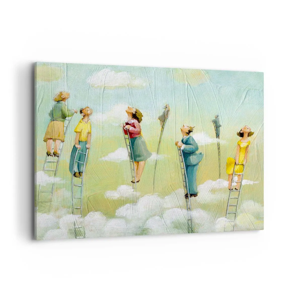 Impression sur toile - Image sur toile - Personnages grimpant sur des échelles parmi des nuages sur un fond pastel. - 100x70cm - Derrière ton rêve - Décoration murale moderne pour le salon et la chambre ARTTOR
