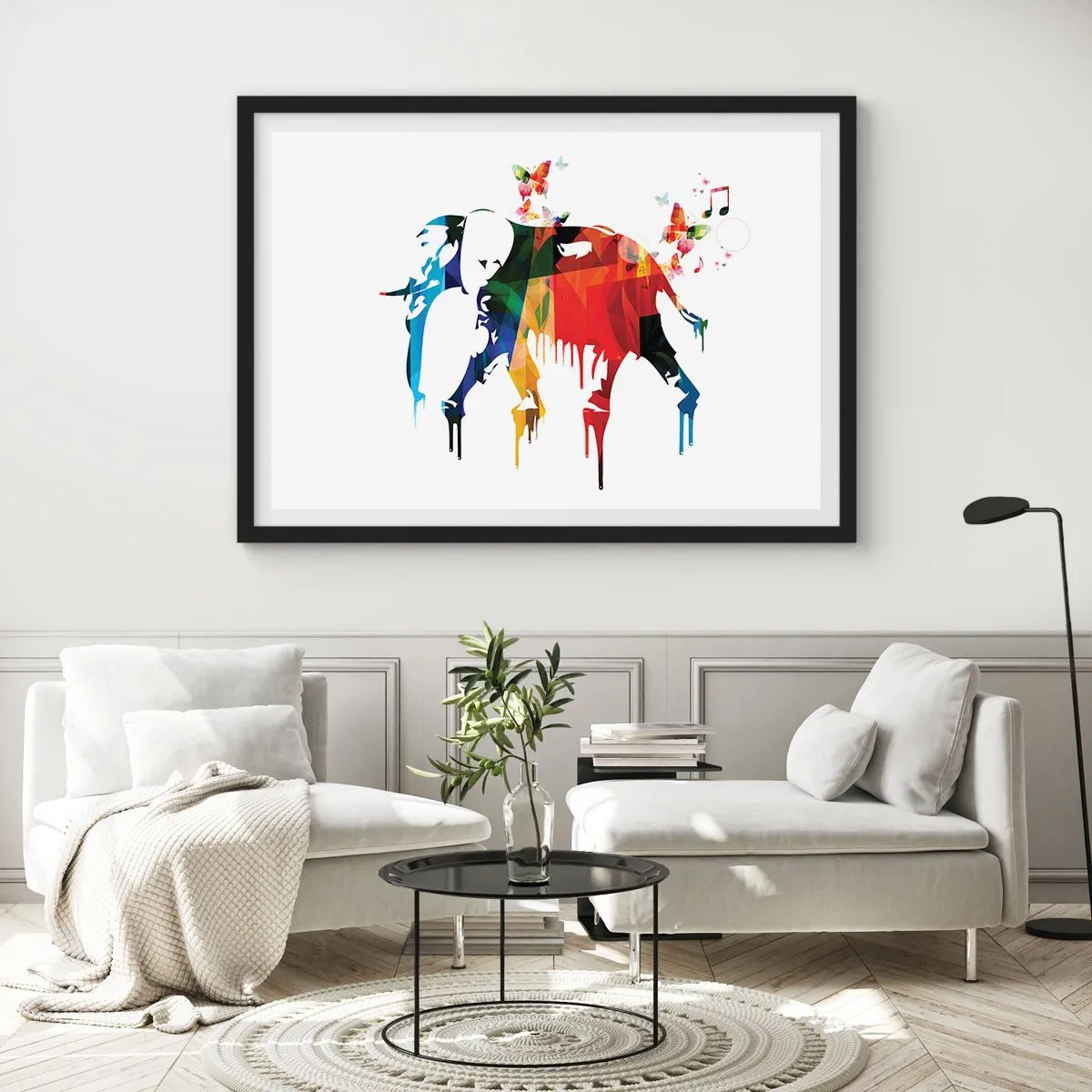 Affiche dans un cadre noir - Poster - Éléphant coloré avec des papillons dans un style géométrique moderne - 70x50cm - Tout le monde peut danser - Décoration murale moderne pour le salon et la chambre ARTTOR
