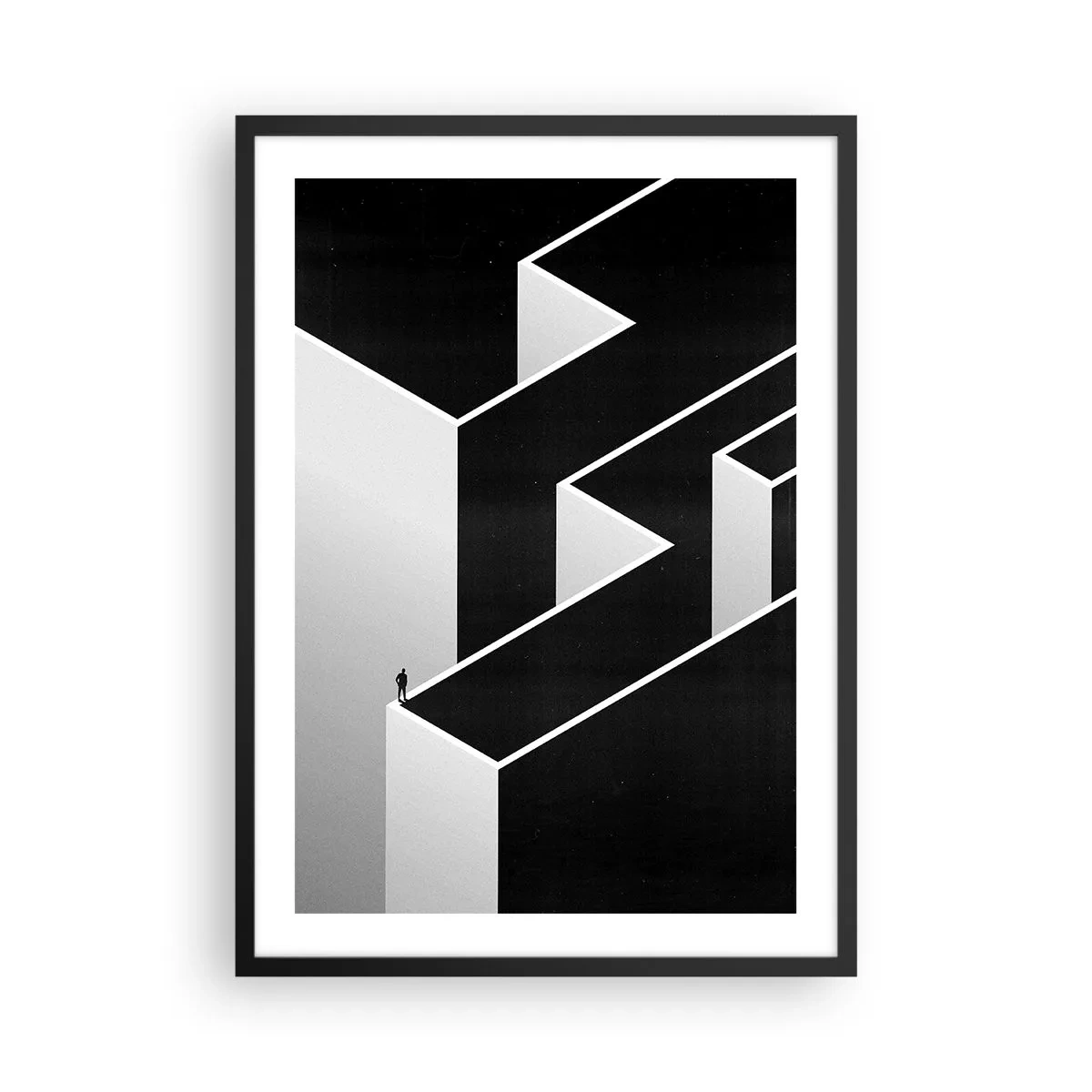 Affiche dans un cadre noir - Poster - Un labyrinthe minimaliste en noir et blanc - 50x70cm - La solitude au sommet - Décoration murale moderne pour le salon et la chambre ARTTOR
