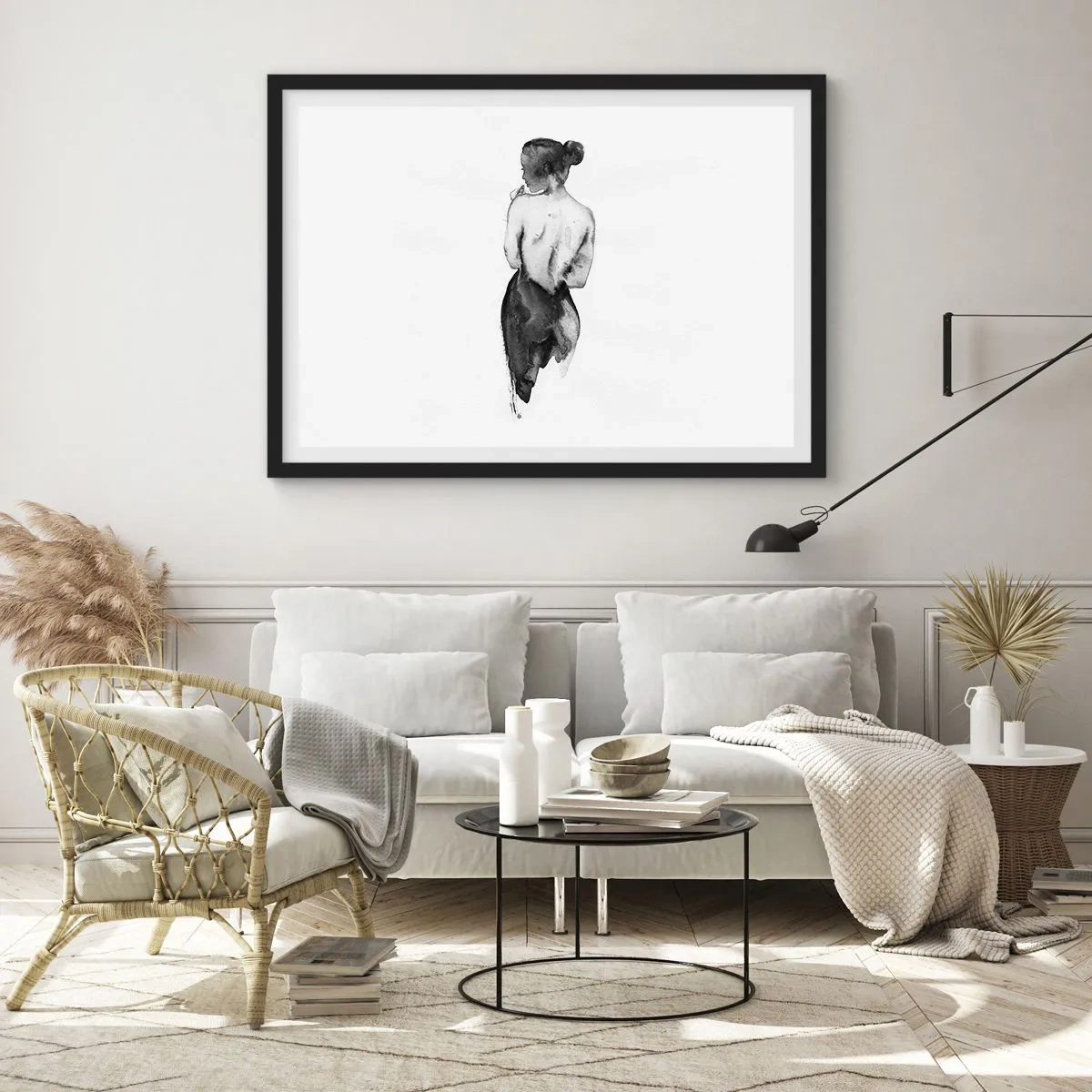 Affiche dans un cadre noir - Poster - La silhouette d'une femme capturée dans une aquarelle subtile - 100x70cm - Auprès d'elle, le monde disparaît - Décoration murale moderne pour le salon et la chambre ARTTOR