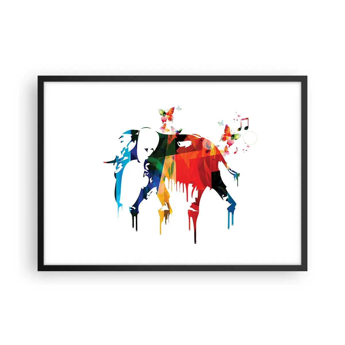Affiche dans un cadre noir - Poster - Éléphant coloré avec des papillons dans un style géométrique moderne - 70x50cm - Tout le monde peut danser - Décoration murale moderne pour le salon et la chambre ARTTOR