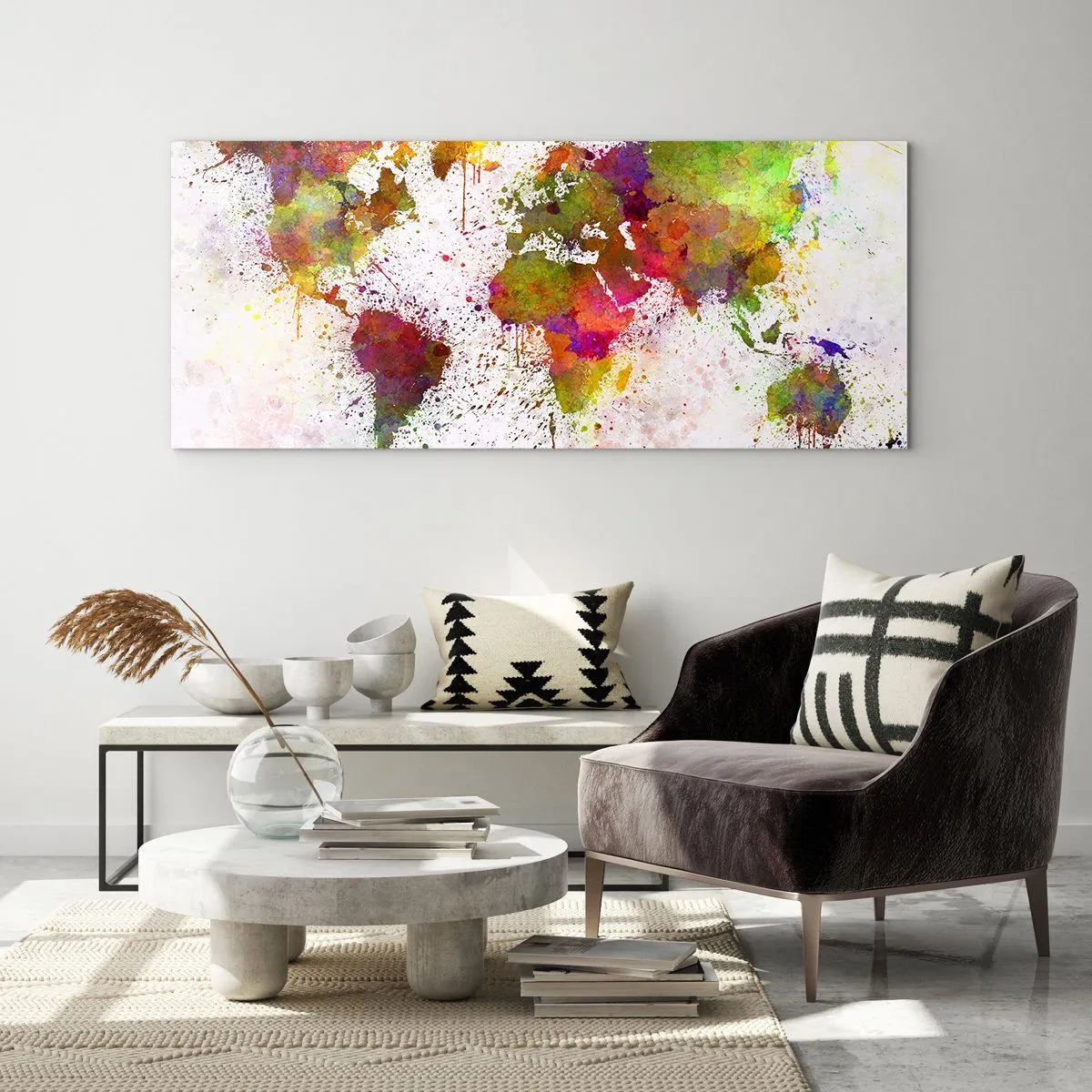 Impression sur verre - Image sur verre - Une carte du monde colorée dans un style abstrait - 140x50cm - D'une certaine manière ça s'est passé de la même façon - Décoration murale moderne pour le salon et la chambre ARTTOR