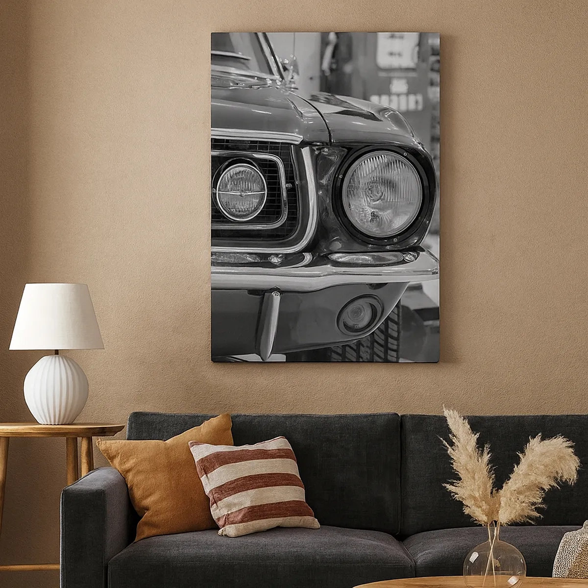Impression sur toile - Image sur toile - Capot de voiture classique noir et blanc - 50x70cm - Conduire dur - Décoration murale moderne pour le salon et la chambre ARTTOR