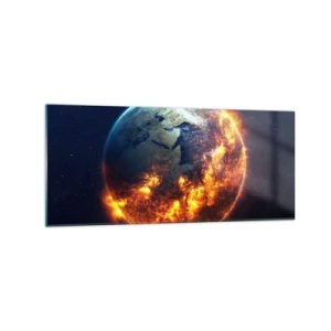 Impression sur verre - Image sur verre - La planète Terre en feu dans l'espace - 120x50cm - La flamme de l'apocalypse - Décoration murale moderne pour le salon et la chambre ARTTOR