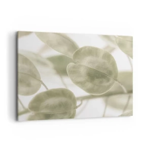 Impression sur toile - Image sur toile - Une peinture délicate de feuilles dans des tons pastel de vert sur un fond clair. - 100x70cm - Au commencement il y avait des feuilles... - Décoration murale moderne pour le salon et la chambre ARTTOR