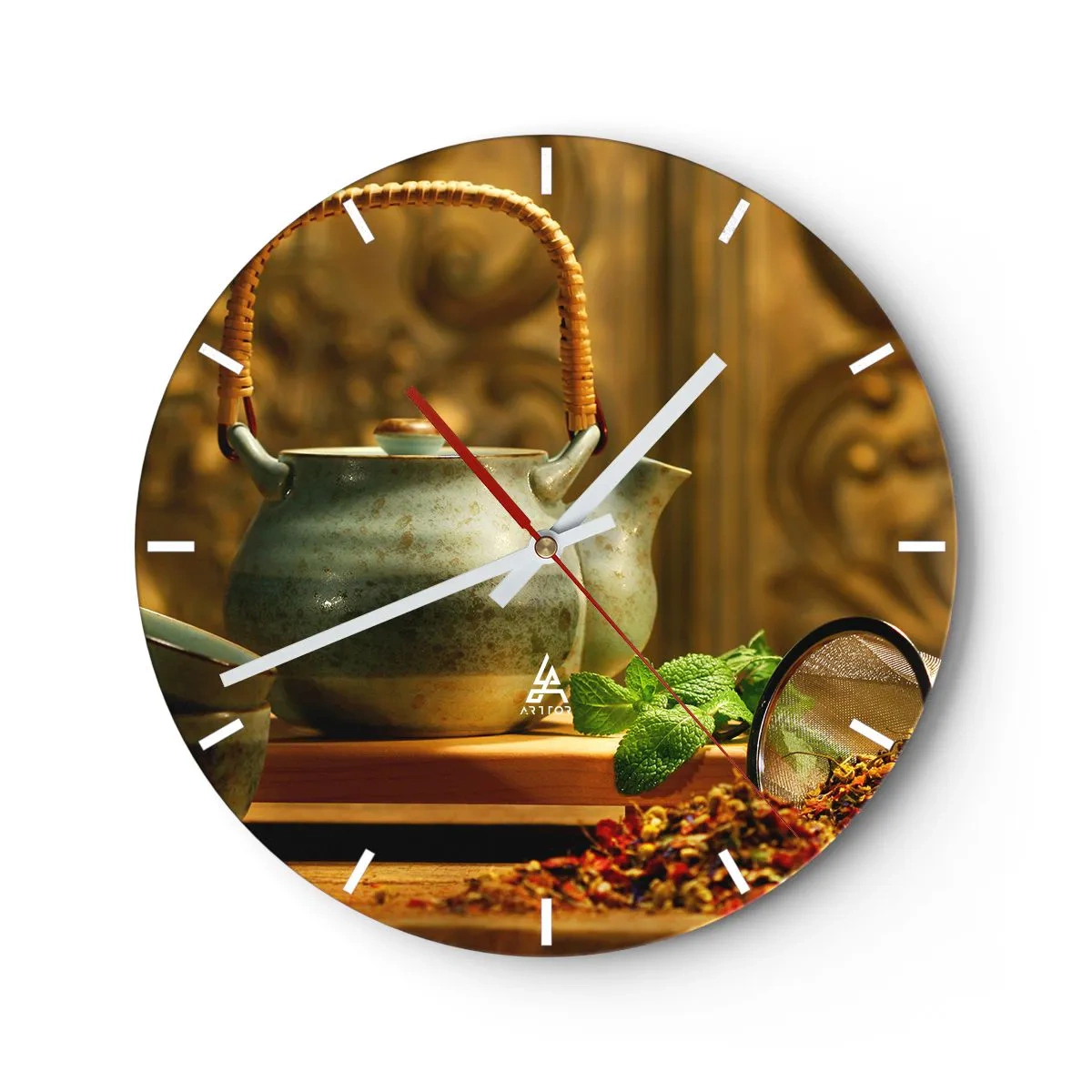 Horloge murale - Pendule murale - Théière verte avec des feuilles de menthe fraîche - 30x30cm - Un traité sur la consommation de thé - Décoration murale moderne pour le salon, la cuisine et la chambre ARTTOR