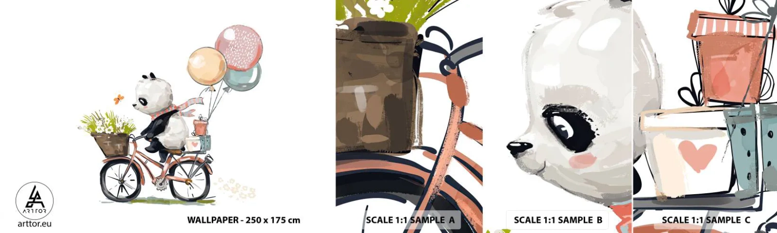 Échantillon De Papier Peint Standard Eco - Jour de chance - Pour les enfants, Panda sur un vélo, Abstraction - 100x30 cm