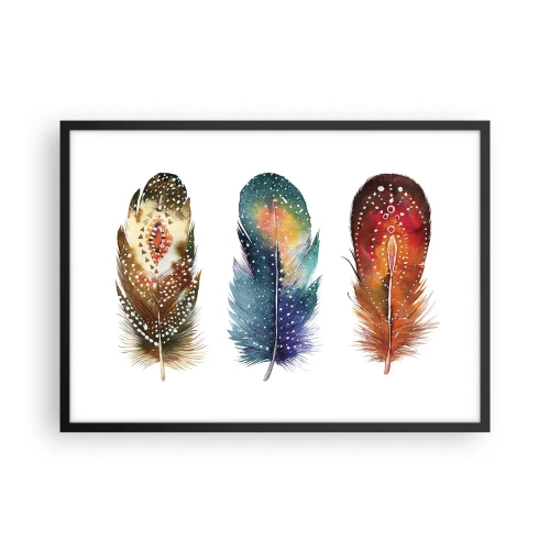 Affiche dans un cadre noir - Poster - Trois plumes colorées avec des motifs artistiques sur un fond clair - 70x50cm - Rituels, cérémonies, secrets - Décoration murale moderne pour le salon et la chambre ARTTOR