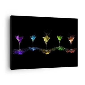 Impression sur toile - Image sur toile - Cocktails colorés dans des verres sur fond noir - 70x50cm - Couleurs de joie en verre de cristal - Décoration murale moderne pour le salon et la chambre ARTTOR