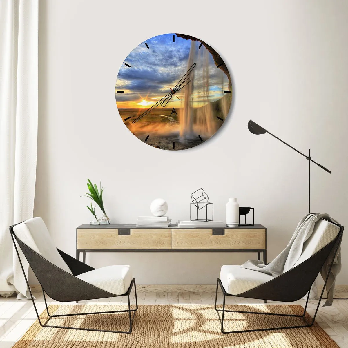 Horloge murale - Pendule murale - Cascade avec vue sur le coucher du soleil - 30x30cm - Le monde derrière un voile de gouttes - Décoration murale moderne pour le salon, la cuisine et la chambre ARTTOR