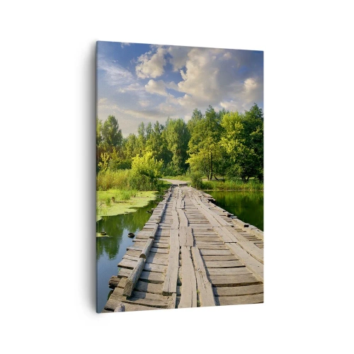 Impression sur toile - Image sur toile - Un paysage pittoresque avec un pont et un cygne - 70x100cm - L'été, l'été partout - Décoration murale moderne pour le salon et la chambre ARTTOR