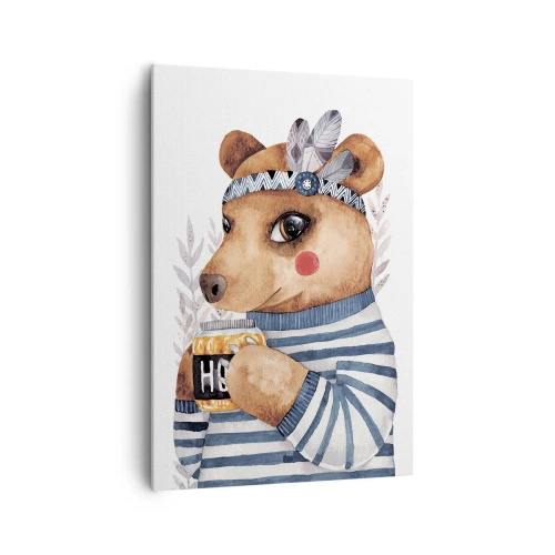 Impression sur toile - Image sur toile - Un ours en peluche dans un pull rayé avec une tasse de miel - 70x100cm - Un nounours trop mignon - Décoration murale moderne pour le salon et la chambre ARTTOR