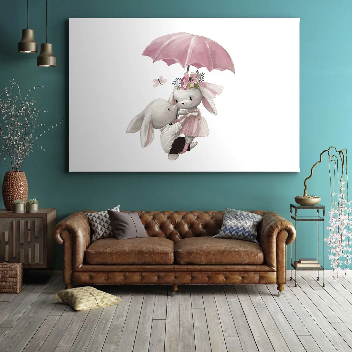 Impression sur toile - Image sur toile - Des lapins mignons sous un parapluie rose - 120x80cm - C'est ça l'amour - Décoration murale moderne pour le salon et la chambre ARTTOR