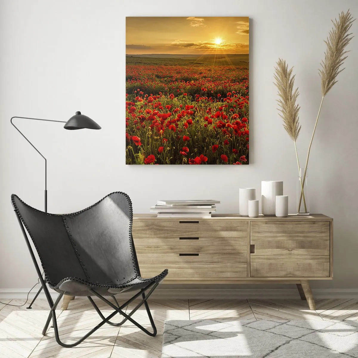 Impression sur verre - Image sur verre - Un champ de coquelicots illuminé par les rayons du soleil couchant - 50x70cm - Parmi les vagues des prairies bruissantes, parmi les fleurs du déluge - Décoration murale moderne pour le salon et la chambre ARTTOR