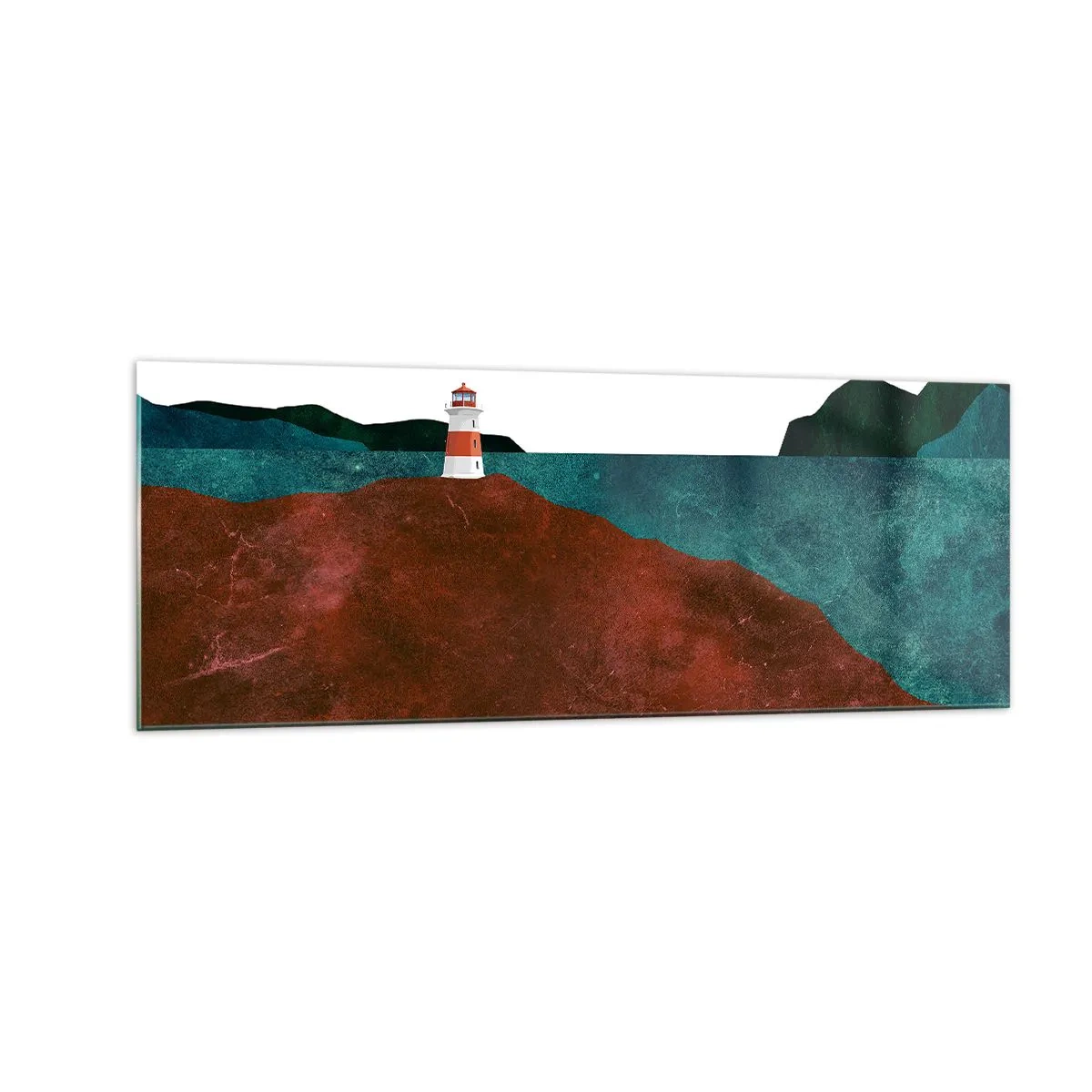 Impression sur verre - Image sur verre - Un phare avec en toile de fond les montagnes et la mer - 140x50cm - En regardant la mer - Décoration murale moderne pour le salon et la chambre ARTTOR