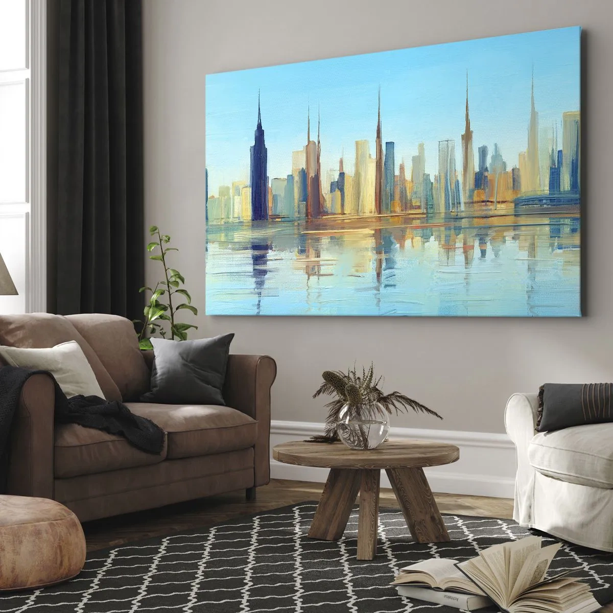 Impression sur toile - Image sur toile - Un panorama de la ville aux couleurs chaudes avec reflet dans l'eau - 70x50cm - Une métropole ensoleillée - Décoration murale moderne pour le salon et la chambre ARTTOR