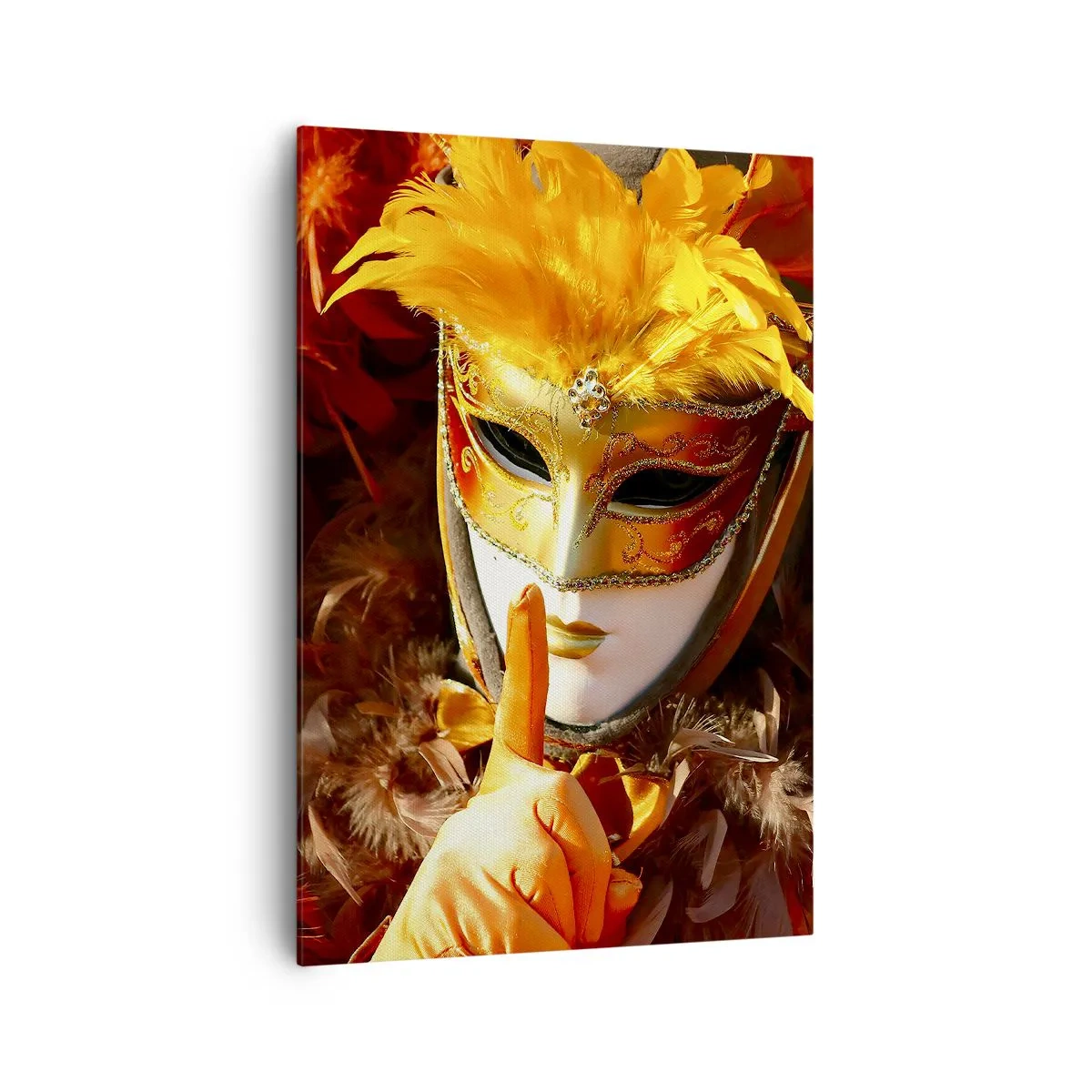 Impression sur toile - Image sur toile - Masque de carnaval aux tons or et orange - 70x100cm - Le secret est une partie du jeu - Décoration murale moderne pour le salon et la chambre ARTTOR