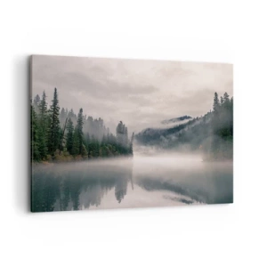 Impression sur toile - Image sur toile - Une forêt brumeuse se reflétant dans un lac calme - 120x80cm - Reflet dans le brouillard - Décoration murale moderne pour le salon et la chambre ARTTOR