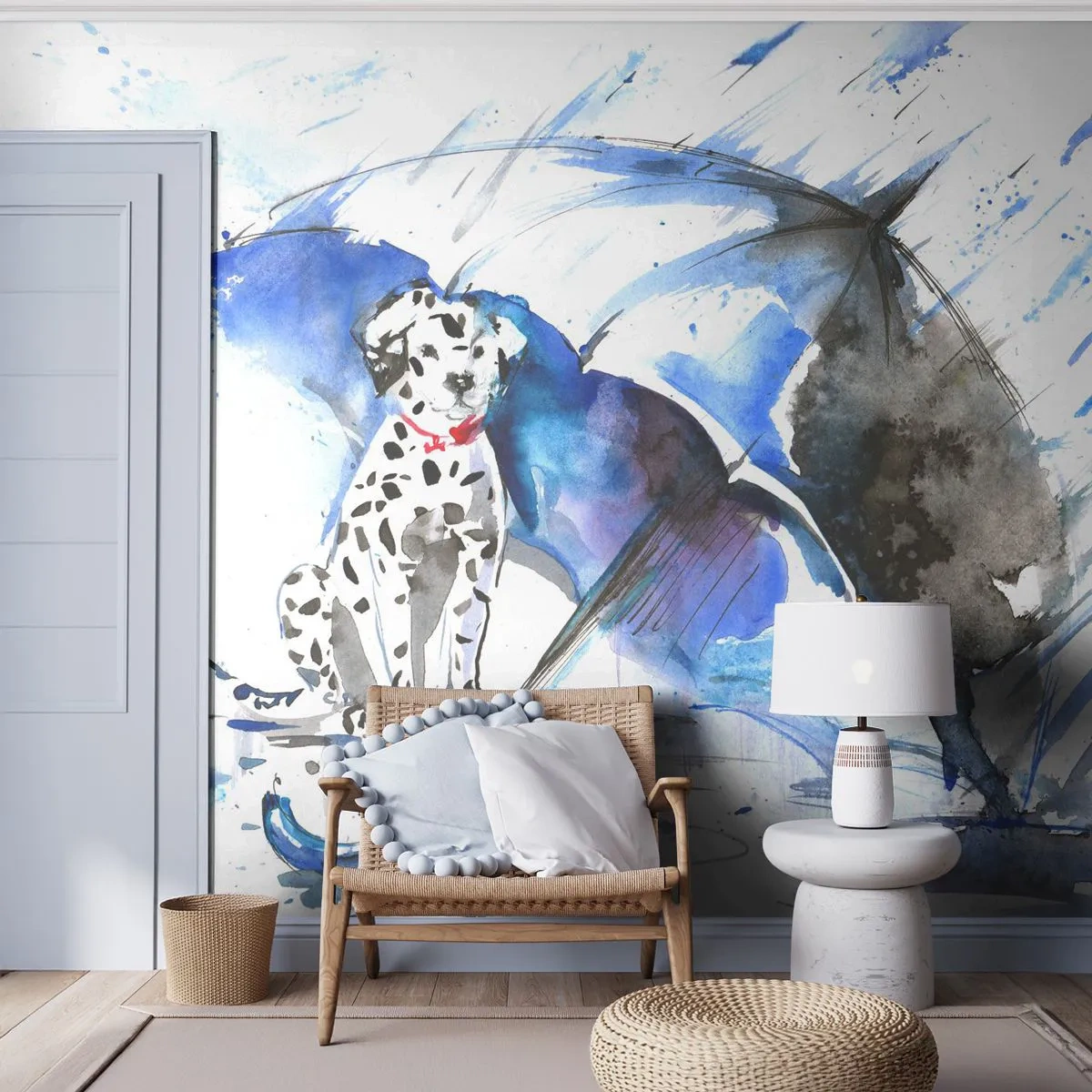 Papier Peint Photo Premium Canvas - Aquarelle représentant un chien dalmatien avec un parapluie en arrière-plan - 100x70cm - C'est à ça que sert un ami - Décoration murale moderne pour le salon et la chambre ARTTOR