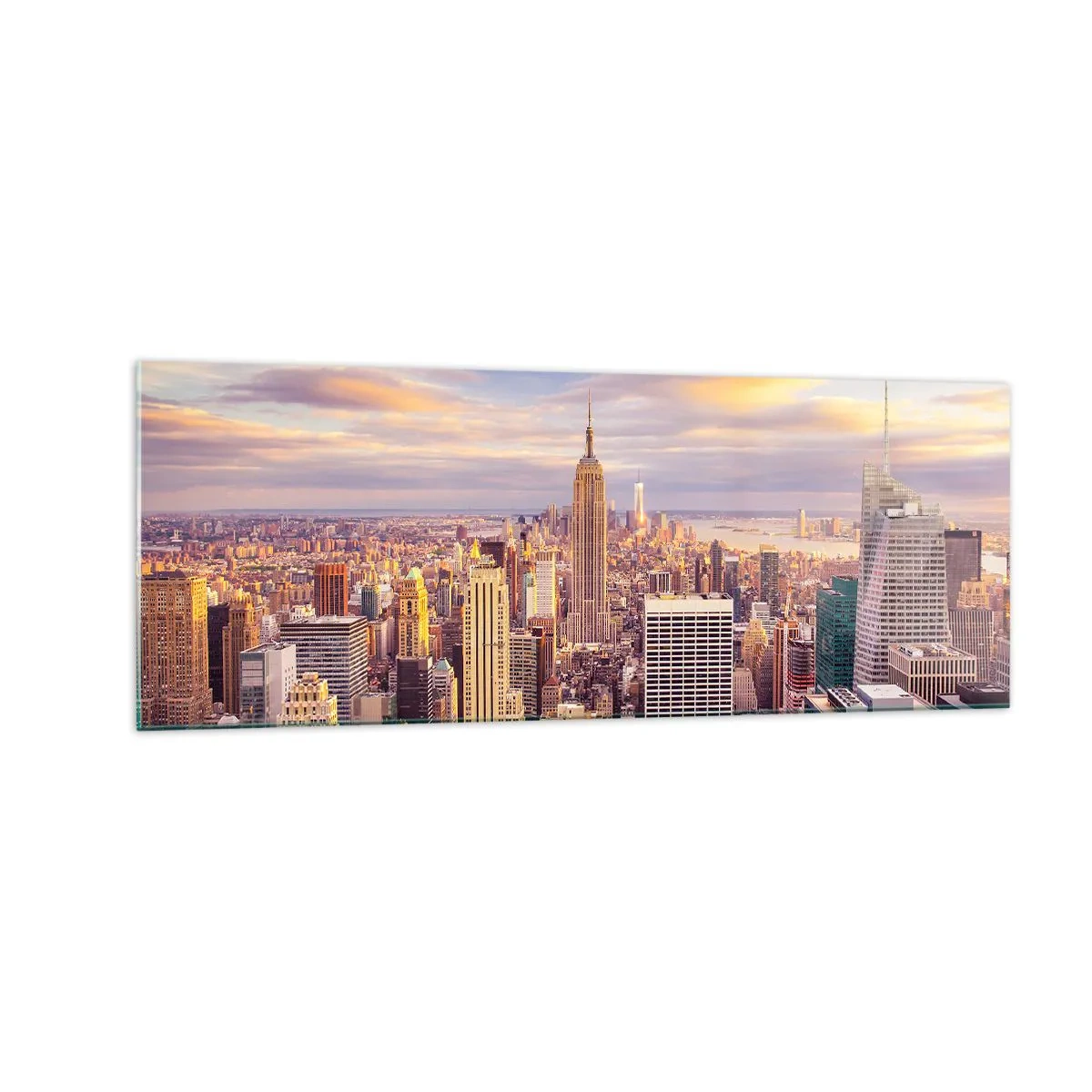 Impression sur verre - Image sur verre - Panorama d'une ville moderne avec des gratte-ciel au coucher du soleil - 140x50cm - Atteindre les nuages