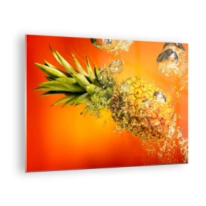 Impression sur verre - Image sur verre - Ananas immergé dans l'eau sur un fond d'orange intense - 70x50cm - Fraîcheur juteuse tropicale - Décoration murale moderne pour le salon et la chambre ARTTOR