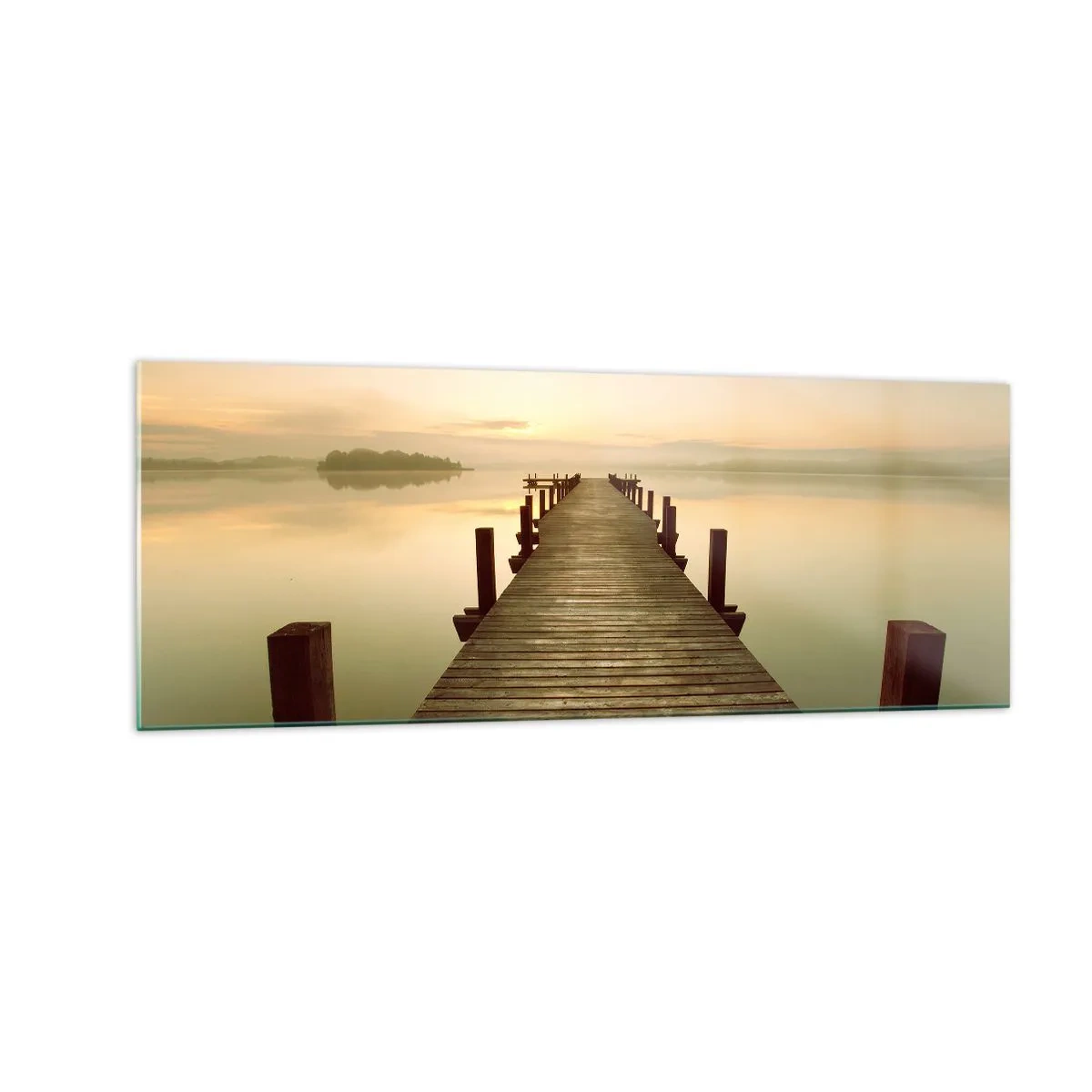 Impression sur verre - Image sur verre - Une jetée en bois sur un lac calme le matin - 140x50cm - L'aube, les premières lueurs, le jour - Décoration murale moderne pour le salon et la chambre ARTTOR