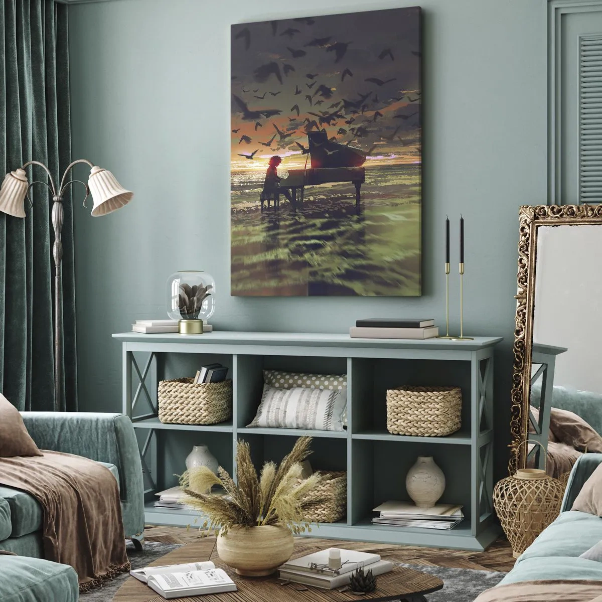 Impression sur toile - Image sur toile - Un piano au bord de la mer au coucher du soleil avec des oiseaux - 70x100cm - Concert pour piano et vagues - Décoration murale moderne pour le salon et la chambre ARTTOR