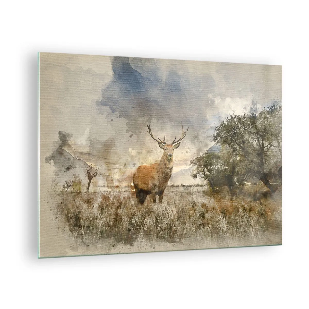 Impression sur verre - Image sur verre - Un cerf dans un paysage naturel avec des couleurs subtiles en arrière-plan - 70x50cm - Dignité - force - majesté - Décoration murale moderne pour le salon et la chambre ARTTOR