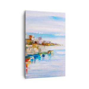Impression sur toile - Image sur toile - Bateaux colorés sur le rivage surplombant les toits de la ville - 80x120cm - Un havre urbain multicolore - Décoration murale moderne pour le salon et la chambre ARTTOR