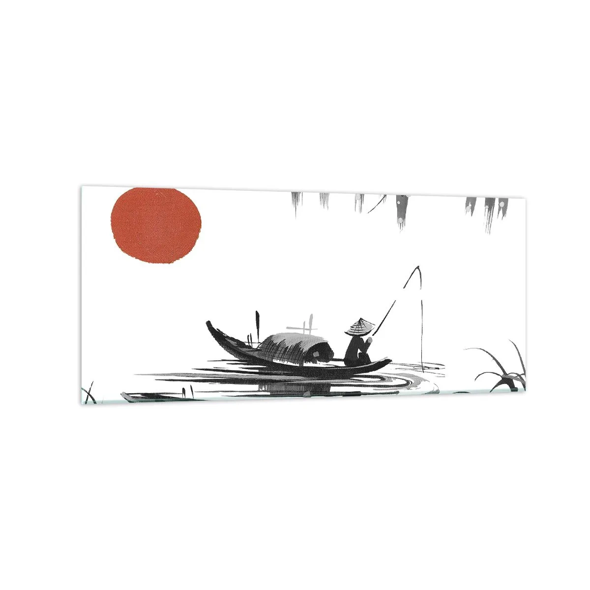 Impression sur verre - Image sur verre - Paysage oriental avec un pêcheur sur un bateau et un soleil rouge - 120x50cm - Après-midi asiatique - Décoration murale moderne pour le salon et la chambre ARTTOR