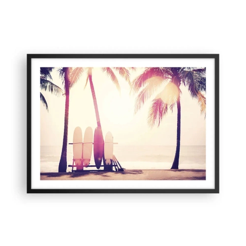 Affiche dans un cadre noir - Poster - Palmiers et planches de surf sur la plage au soleil - 70x50cm - Ca va être une journée magnifique - Décoration murale moderne pour le salon et la chambre ARTTOR