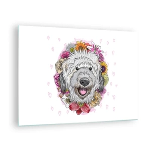 Impression sur verre - Image sur verre - Illustration d'un chien entouré de fleurs - 70x50cm - La joie du chiot - Décoration murale moderne pour le salon et la chambre ARTTOR