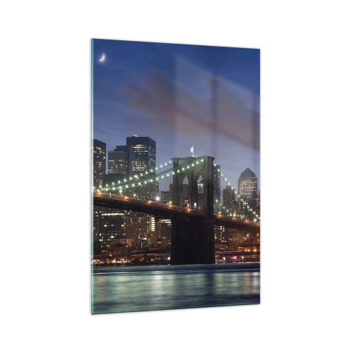 Impression sur verre - Image sur verre - Pont de New York la nuit avec bâtiments illuminés - 70x100cm - Nuit rougeoyante - Décoration murale moderne pour le salon et la chambre ARTTOR