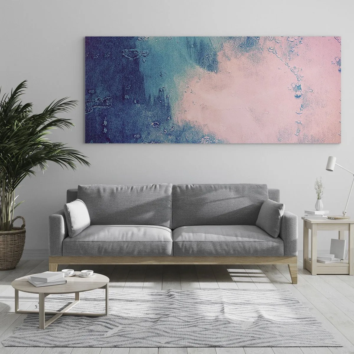 Impression sur verre - Image sur verre - Texture abstraite dans les tons de rose et de bleu - 120x50cm - Etreintes bleues - Décoration murale moderne pour le salon et la chambre ARTTOR