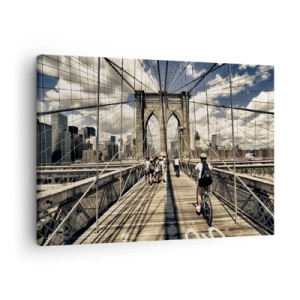 Impression sur toile - Image sur toile - Pont de Brooklyn avec vue sur les piétons et les cyclistes - 70x50cm - Directement en plein coeur de la ville - Décoration murale moderne pour le salon et la chambre ARTTOR