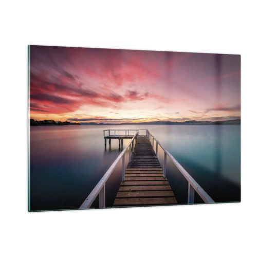 Impression sur verre - Image sur verre - Jetée au bord du lac au coucher du soleil avec un ciel rose - 120x80cm - La douce flamme du soir - Décoration murale moderne pour le salon et la chambre ARTTOR