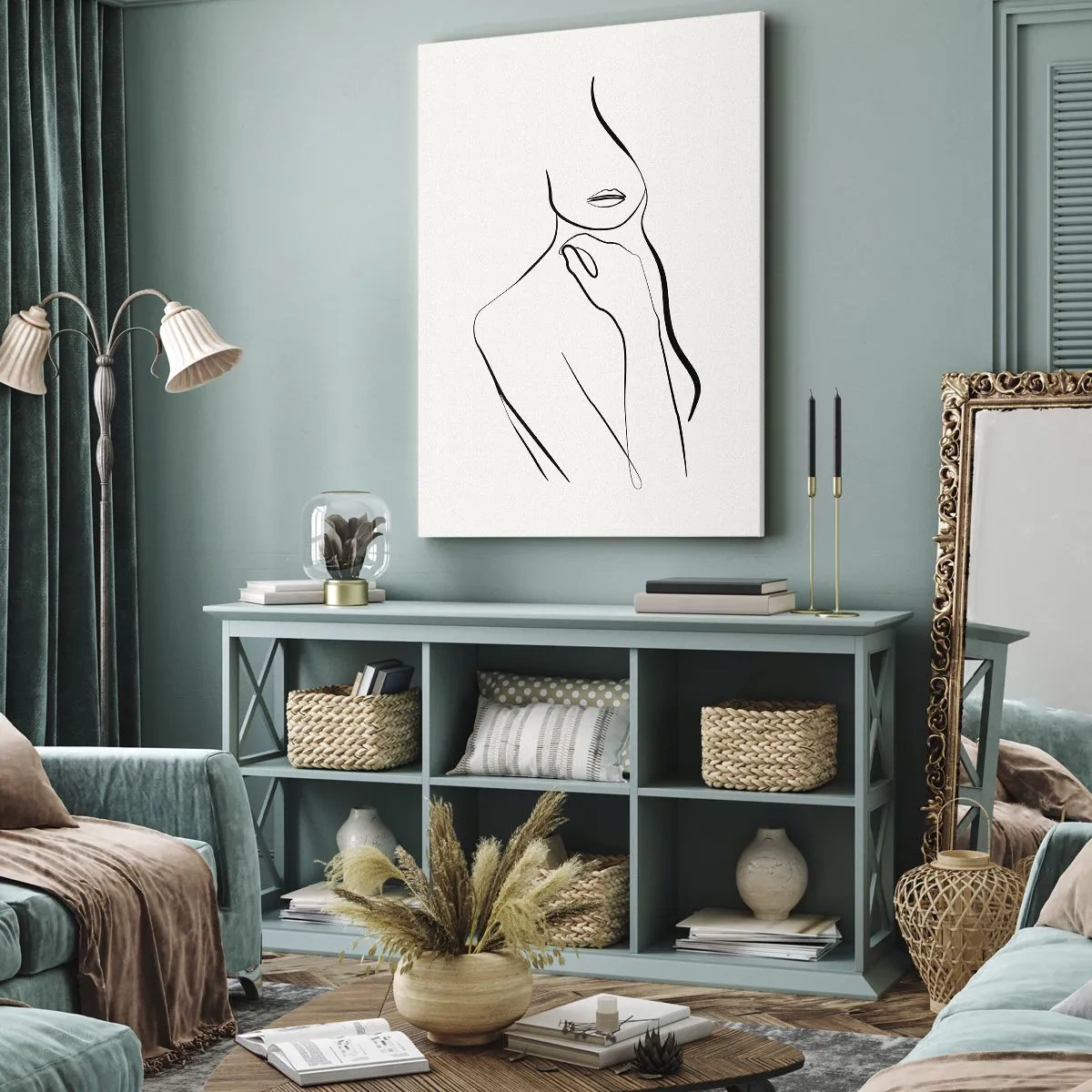 Impression sur toile - Image sur toile - Un croquis minimaliste de la silhouette d'une femme sur un fond clair. - 70x100cm - Vague de mélancolie - Décoration murale moderne pour le salon et la chambre ARTTOR