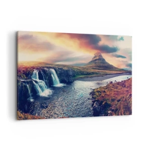 Impression sur toile - Image sur toile - Vue de la cascade et de la montagne à la lumière du soleil couchant - 100x70cm - Dans la majesté de la nature - Décoration murale moderne pour le salon et la chambre ARTTOR