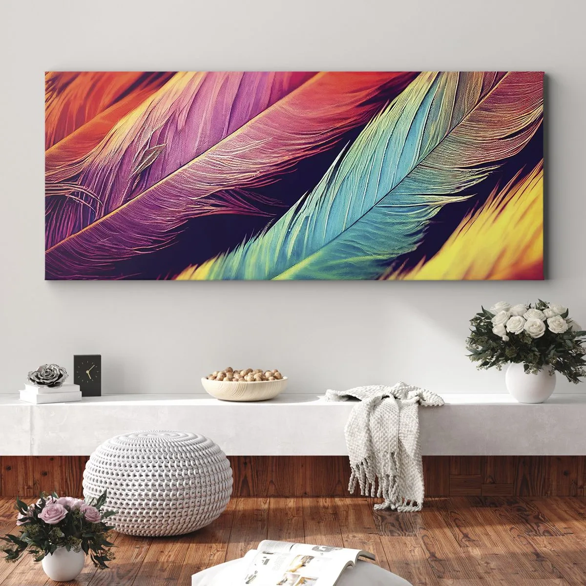 Impression sur toile - Image sur toile - Arc-en-ciel de plumes - 90x30 cm