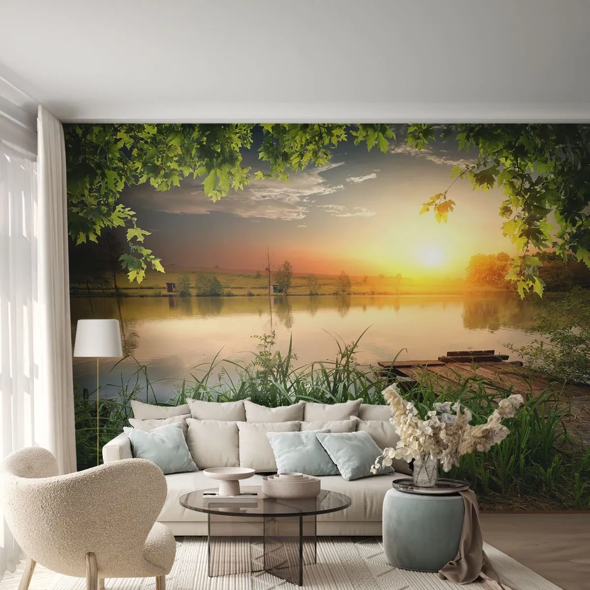 Papier Peint Photo Premium Sand - Un coucher de soleil pittoresque sur le lac - 100x70cm - Paysage dans un cadre verdoyant - Décoration murale moderne pour le salon et la chambre ARTTOR