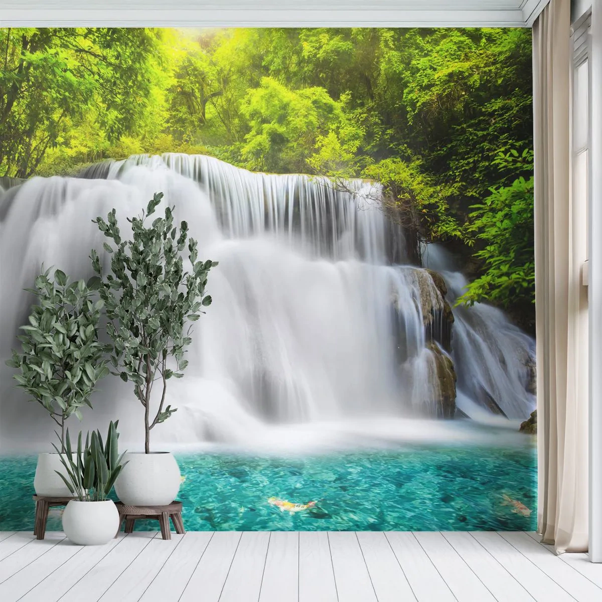 Papier Peint Autocollant Deluxe Sticker - Une cascade mousseuse du vert à l'azur - Paysage, Cascade, parc national - 250x175 cm