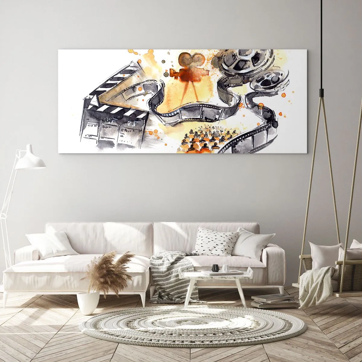 Impression sur verre - Image sur verre - Le symbolisme du cinéma avec une pellicule dans une aquarelle artistique - 160x50cm - Au pays des rêves - Décoration murale moderne pour le salon et la chambre ARTTOR