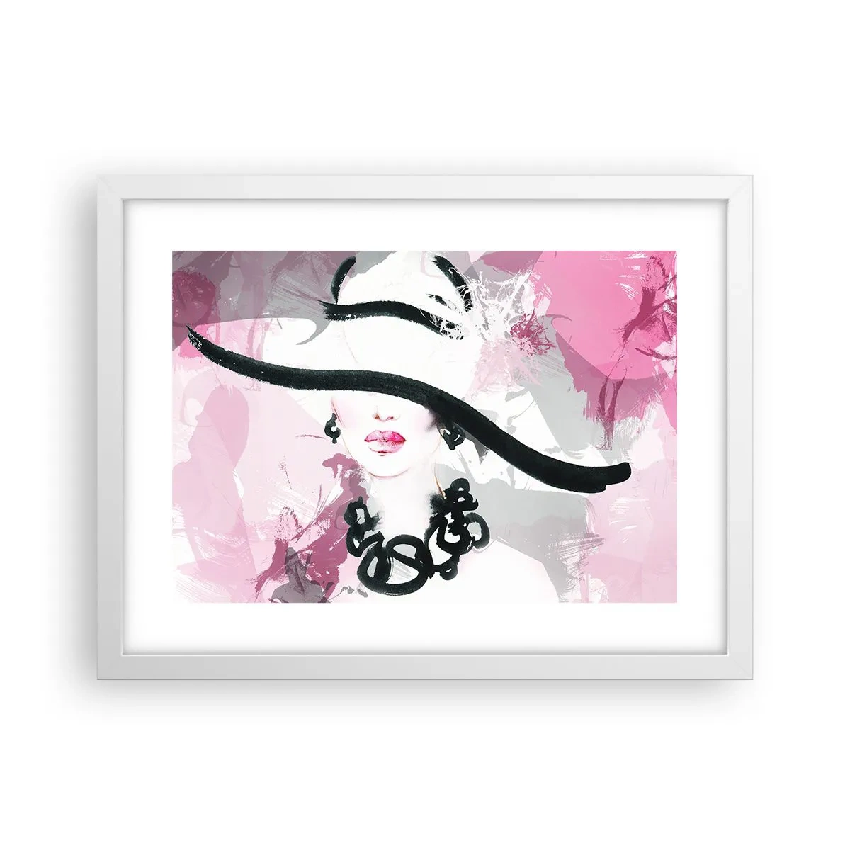 Affiche dans un cadre blanc - Poster - Portrait d'une dame en noir et rose - 40x30 cm