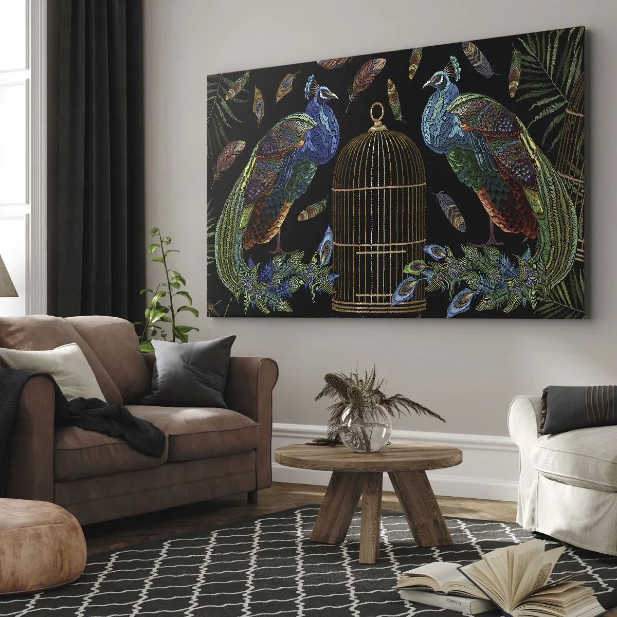 Impression sur toile - Image sur toile - Paons à côté d'une cage dorée sur fond noir - 70x50cm - En robes royales - Décoration murale moderne pour le salon et la chambre ARTTOR