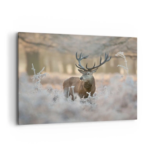 Impression sur toile - Image sur toile - Un cerf dans une clairière givrée dans une forêt hivernale aux couleurs subtiles - 100x70cm - Une matinée animée - Décoration murale moderne pour le salon et la chambre ARTTOR